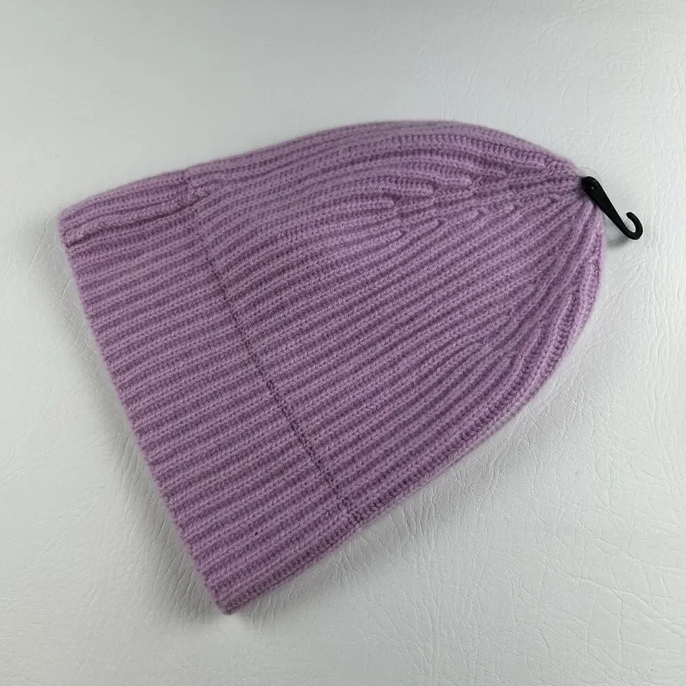 100% Cashmere Violet Ribbed Knit Beanie Cuffed Winter Hat Women’s